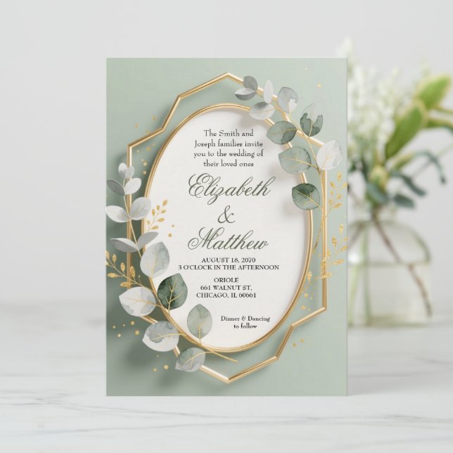 Convites Eucalyptus Gold Geometric Frame Wedding Invite (Em pé/Frente)