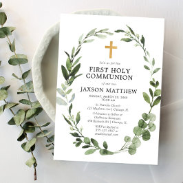 Convites Eucalyptus green deixa simples primeira comunhão