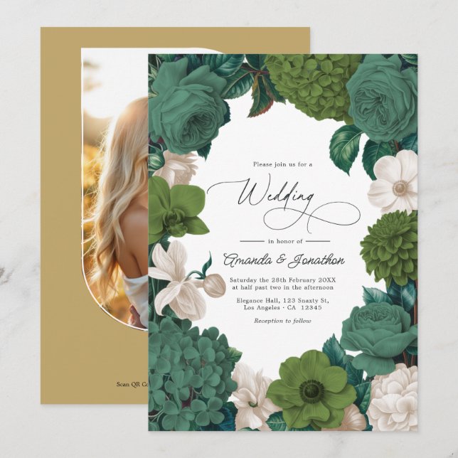 Convites Eucalyptus Green, Fern Olive & Cream Line Wedding (Frente/Verso)