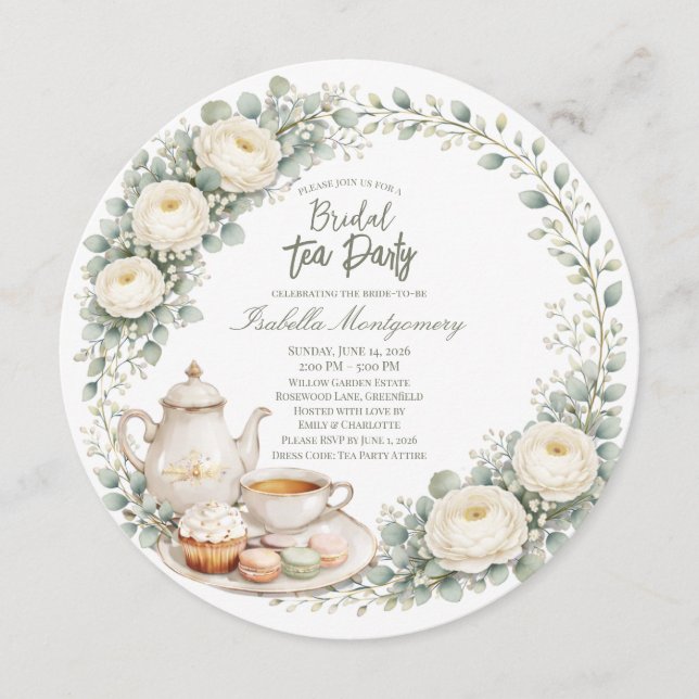 Convites Eucalyptus Green Palette Tea Party Bridal Shower (Frente)