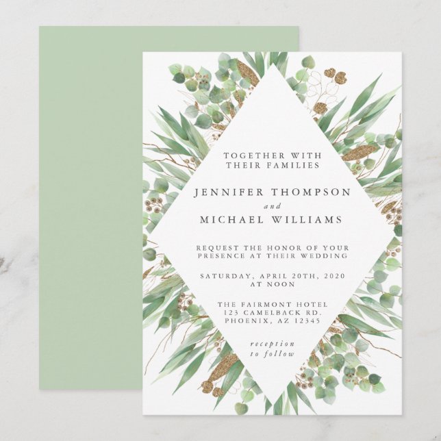 Convites Eucalyptus Green Watercolor e Casamento Dourado (Frente/Verso)