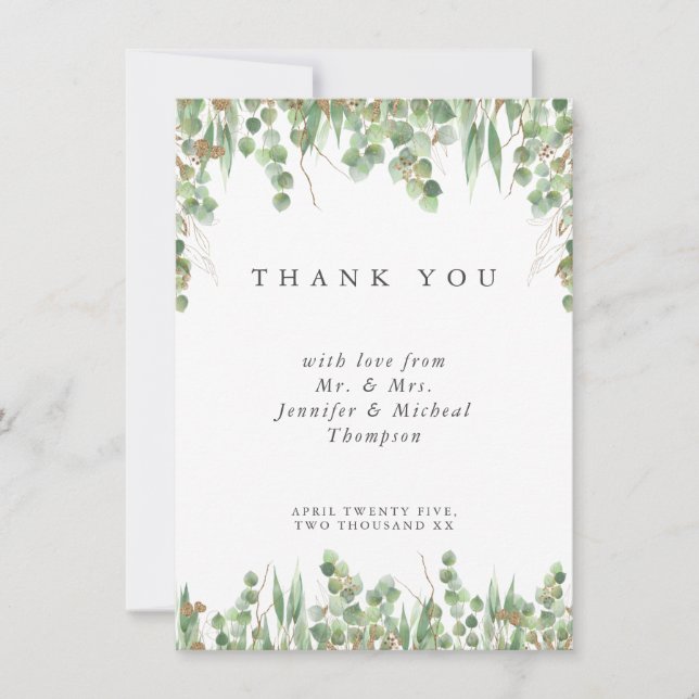 Convites Eucalyptus Green Watercolor & Gold Wedding  (Frente)