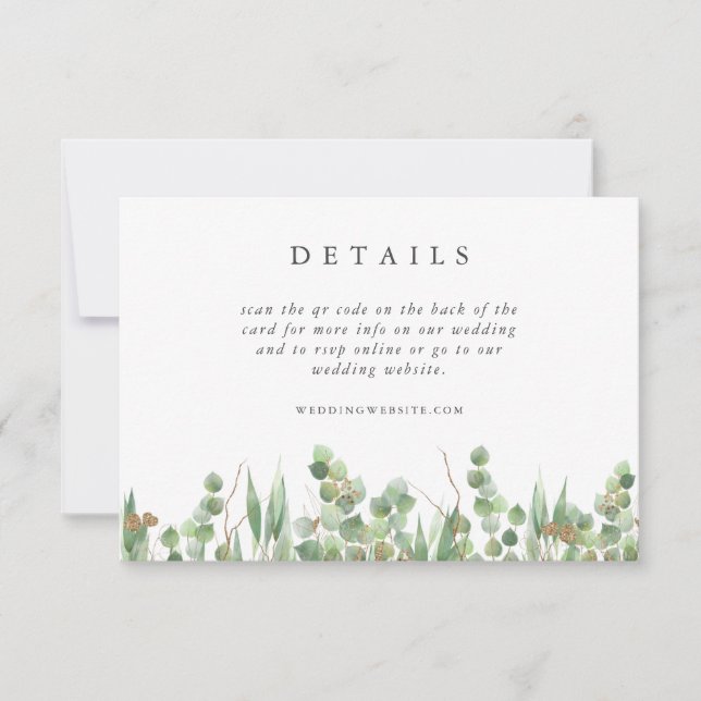 Convites Eucalyptus Green Watercolor & Gold Wedding Info (Frente)