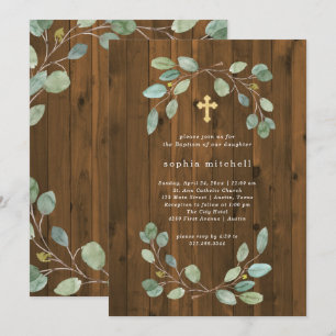 Convites Eucalyptus Greenere Dourado Batismo Cruzado