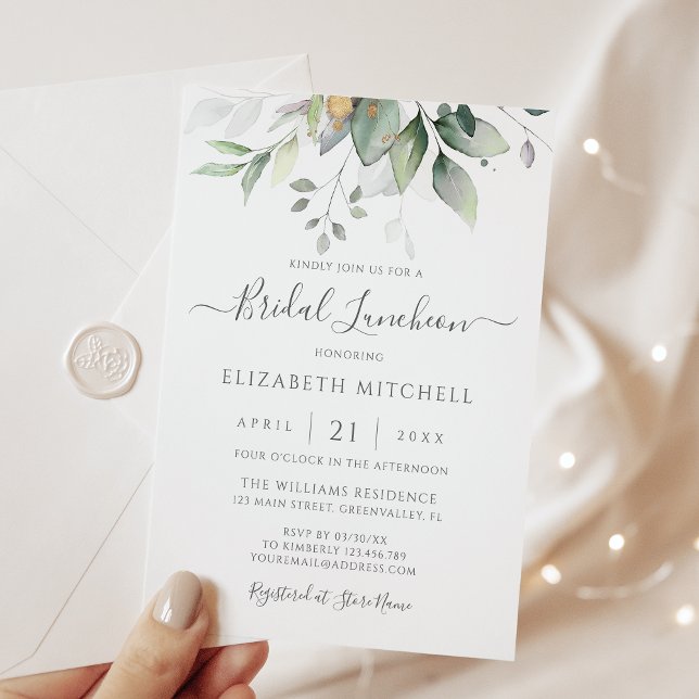 Convites Eucalyptus Greenere Dourado Deixa Almofada Bridal (Criador carregado)