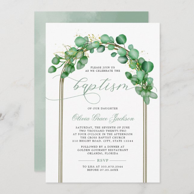 Convites Eucalyptus Greenery Arch Baptism (Frente/Verso)
