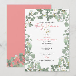 Convites Eucalyptus Greenery Baby Girl Chá de fraldas Rosa