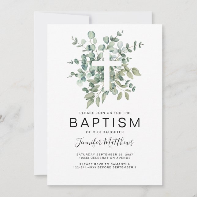 Convites Eucalyptus Greenery Baptism (Frente)