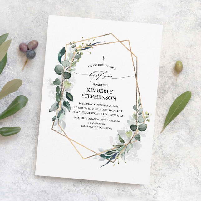 Convites Eucalyptus Greenery Batismo Geométrico Moderno (Eucalyptus Greenery Baptism Invitations)