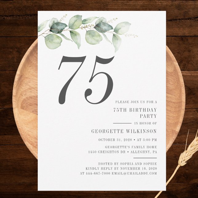 Convites Eucalyptus Greenery Botânico 75.o Aniversário (Modern Eucalyptus Minimalist 75th Birthday Party Invitation)