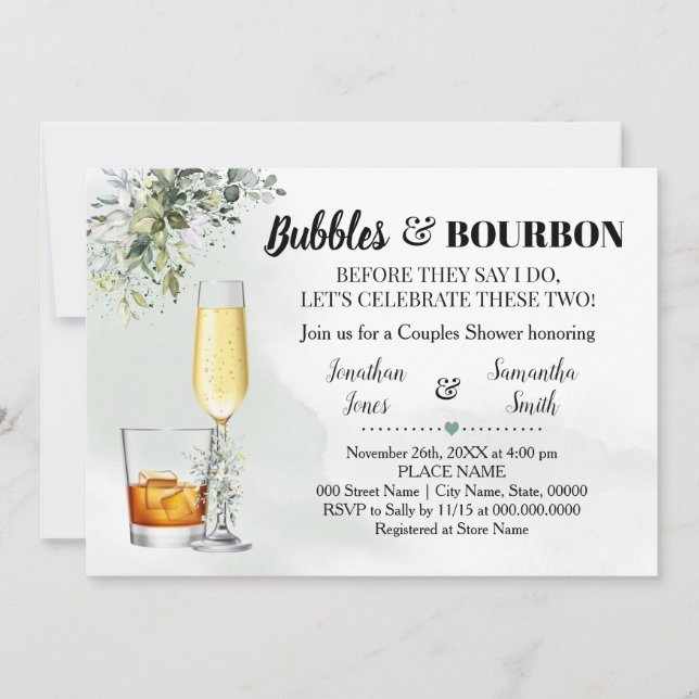 Convites Eucalyptus Greenery Bubbles & Bourbon Chá (Frente)