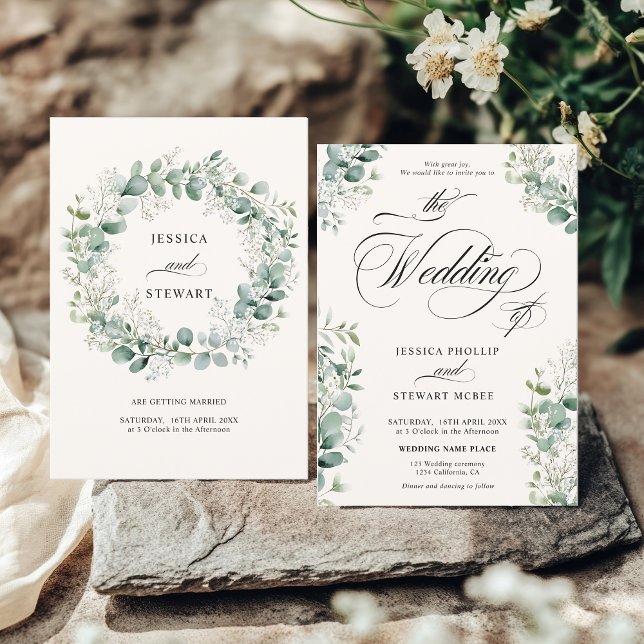 Convites Eucalyptus Greenery Casamento de Script Elegante (Elegant Breath Eucalyptus Greenery Script Wedding Invitation)