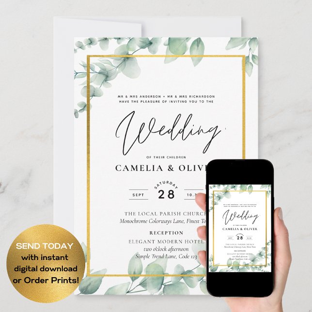 Convites Eucalyptus Greenery Casamento QR CÓDIGO Moderno Or (Criador carregado)