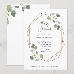 Convites Eucalyptus Greenery Chá de fraldas Geo Dourado r