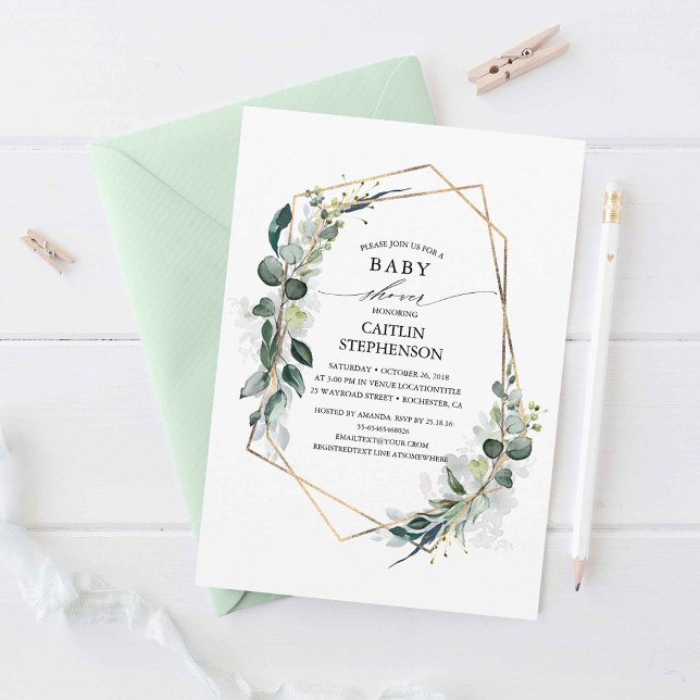 Convites Eucalyptus Greenery Chá de fraldas Geométrico Mode (Eucalyptus Leaves Baby Shower Invitations)