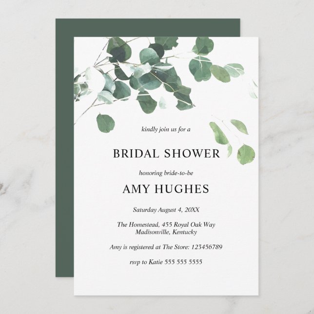 Convites Eucalyptus Greenery Chá de panela Invita (Frente/Verso)