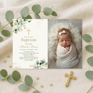 Convites Eucalyptus Greenery Cross Foto Baptism Moderno