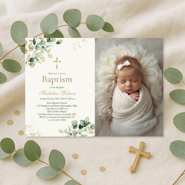 Convites Eucalyptus Greenery Cross Foto Baptism Moderno (Criador carregado)