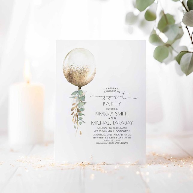 Convites Eucalyptus Greenery Dourada Festa de noivado de Ba (Gold Balloon and Greenery Engagement Party Invitations)