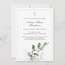 Convites Eucalyptus Greenery Dourado Batismo Cruzado