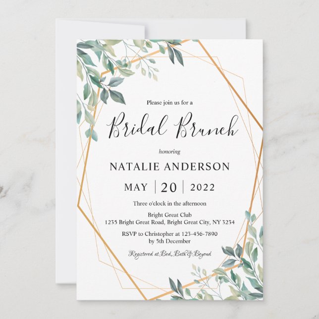 Convites Eucalyptus Greenery Dourado Bridal Brunch (Frente)