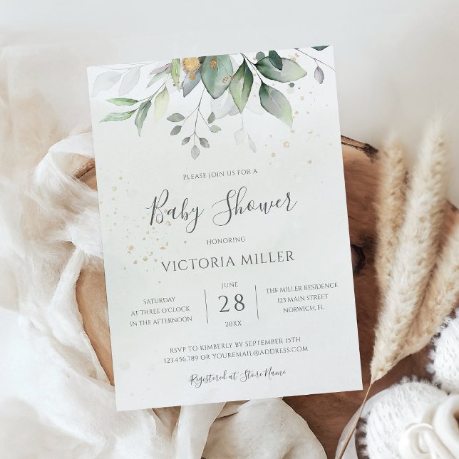 Convites Eucalyptus Greenery Dourado Chá de fraldas Elegant (Criador carregado)