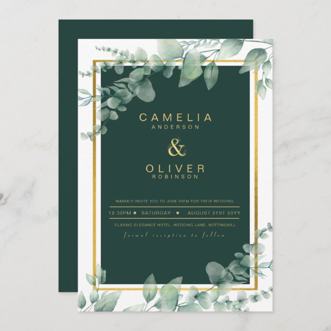 Convites Eucalyptus Greenery Dourado CÓDIGO QR de Casamento (Frente/Verso)