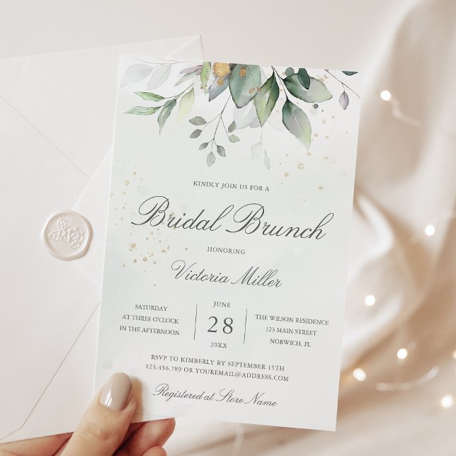 Convites Eucalyptus Greenery Dourado deixa Bridal Brunch (Criador carregado)
