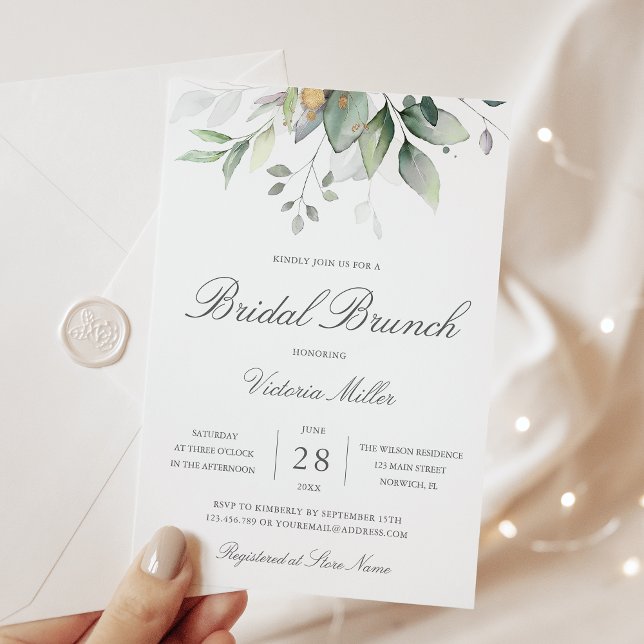 Convites Eucalyptus Greenery Dourado deixa Bridal Brunch (Criador carregado)
