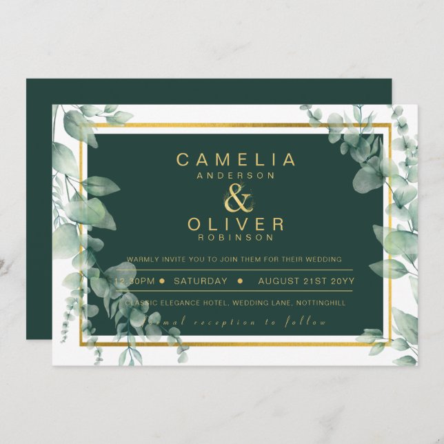 Convites Eucalyptus Greenery Dourado Emerald Casamento QR C (Frente/Verso)