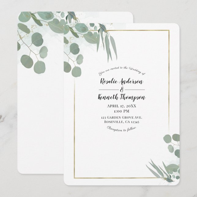 Convites Eucalyptus Greenery e Casamento Dourado (Frente/Verso)