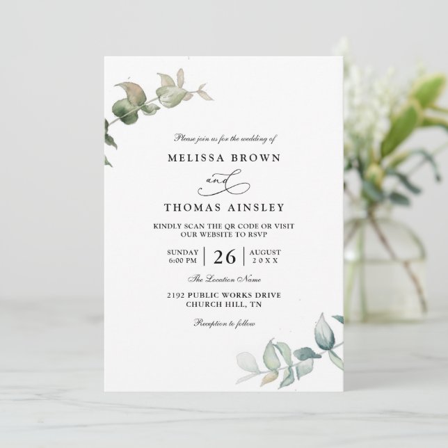 Convites Eucalyptus Greenery Elegant Modern QR Code Wedding (Em pé/Frente)