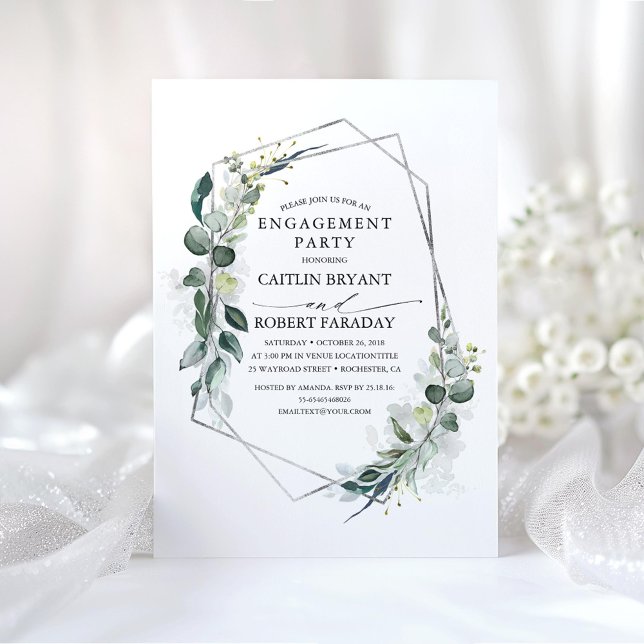 Convites Eucalyptus Greenery Festa de noivado Geométrica (Silver Greenery Engagement Party Invitations)