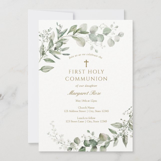 Convites Eucalyptus Greenery First Communion Religious (Frente)