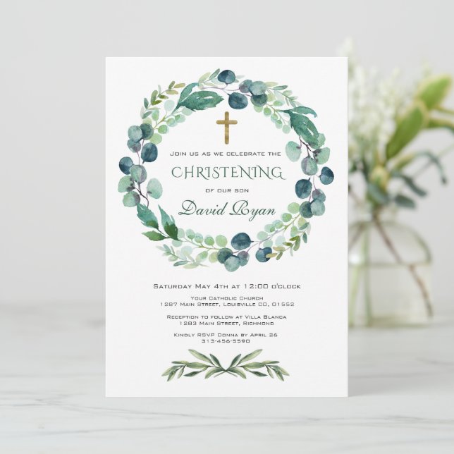 Convites Eucalyptus Greenery Foliage Wreath Christening (Em pé/Frente)