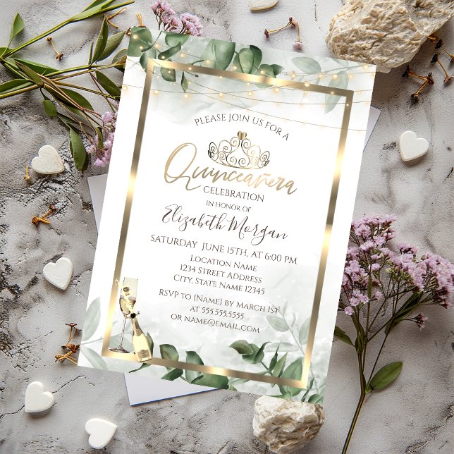 Convites Eucalyptus Greenery Frame Wine Quinceanera (Criador carregado)