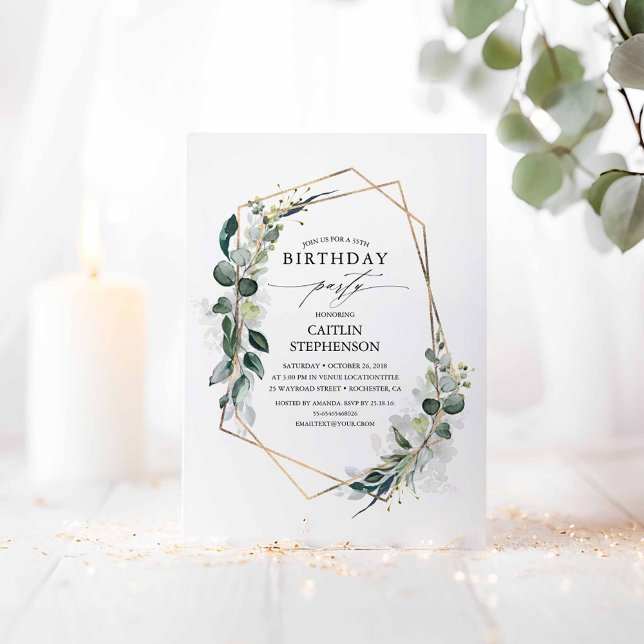 Convites Eucalyptus Greenery Geométrico Aniversário (Greenery Birthday Invitations)