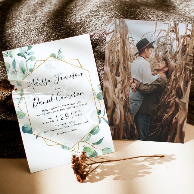 Convites Eucalyptus Greenery Geométrico com Foto (Criador carregado)