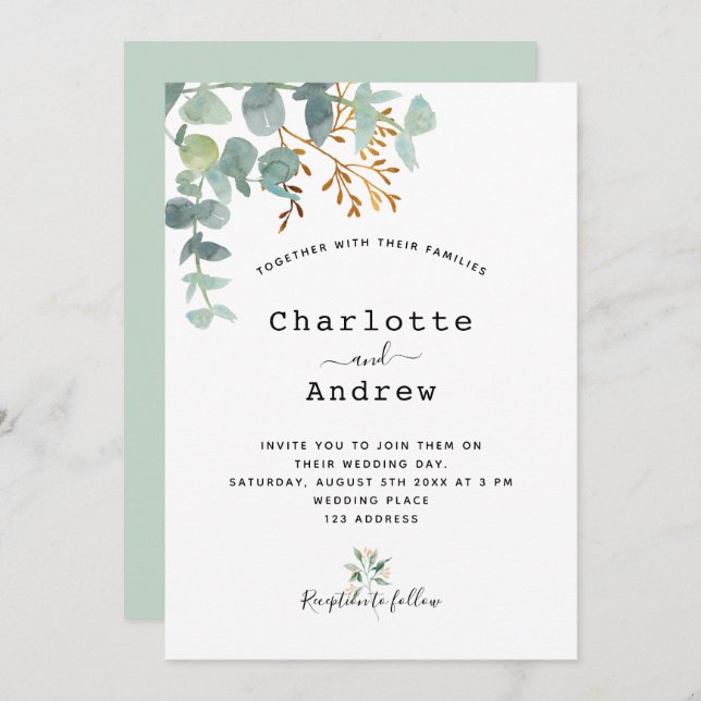 Convites Eucalyptus greenery gold elegant script casamento (Frente/Verso)