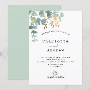 Convites Eucalyptus greenery gold elegant script casamento