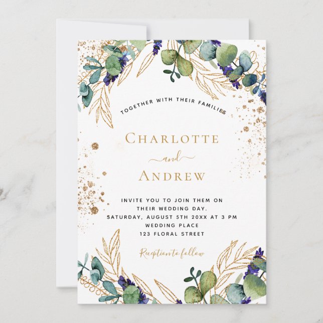 Convites Eucalyptus greenery gold glitter casamento elegant (Frente)