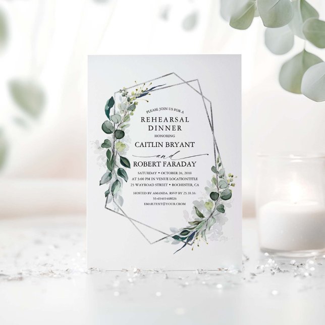 Convites Eucalyptus Greenery Janto de ensaio geométrico (Silver Greenery Rehearsal Dinner Invitations)