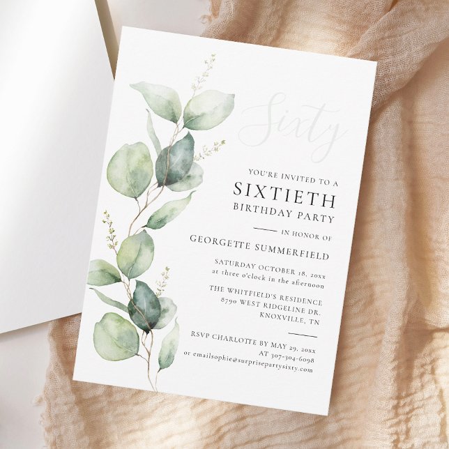 Convites Eucalyptus Greenery Minimalista 60º Aniversário (Eucalyptus Minimalist Modern 60th Birthday Party Invitation)