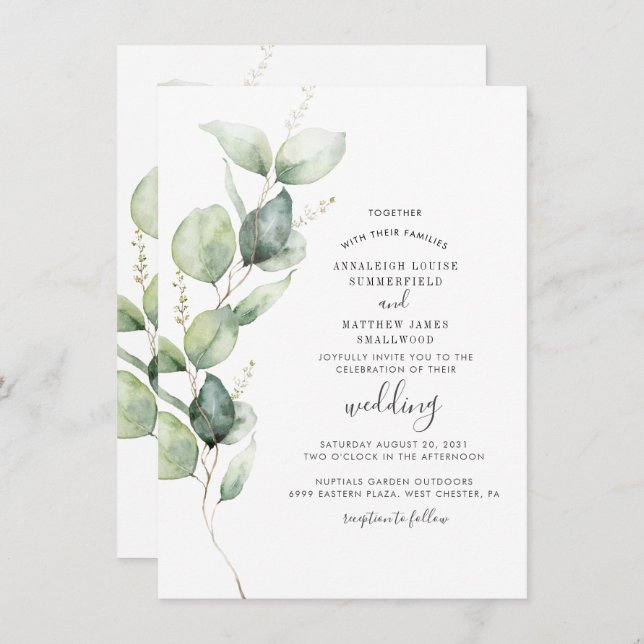 Convites Eucalyptus Greenery Modern Wedding (Frente/Verso)