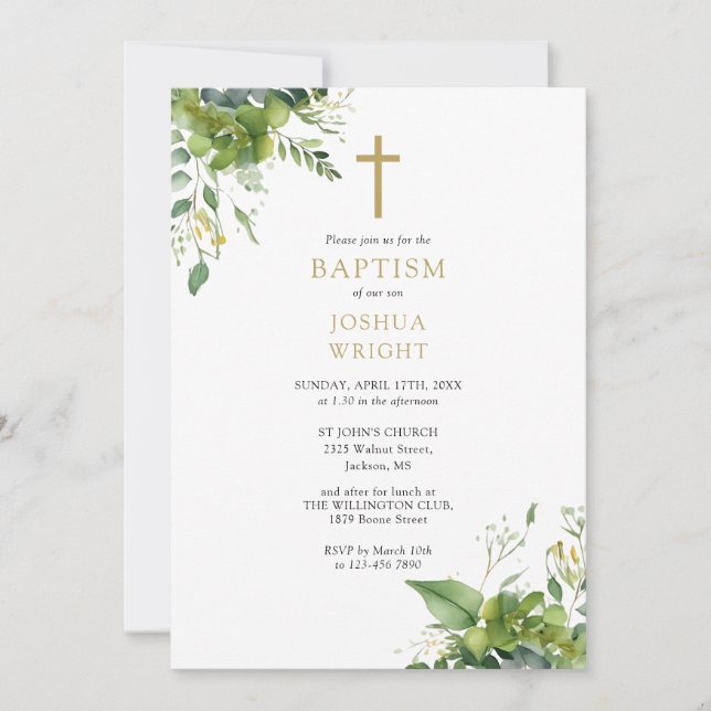 Convites Eucalyptus Greenery Monogram Baptism Christening (Frente)