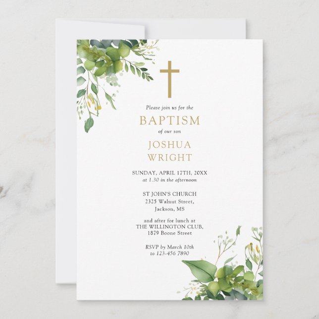 Convites Eucalyptus Greenery Monogram Baptism Christening (Frente)