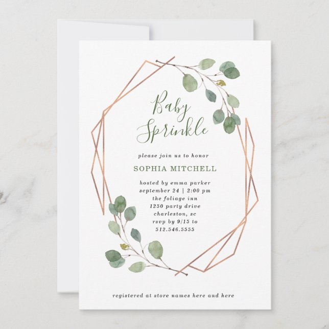 Convites Eucalyptus Greenery Rosa Dourado Geo Baby Sprinkle (Frente)