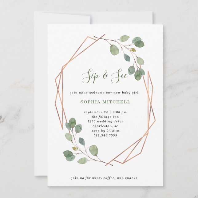 Convites Eucalyptus Greenery Rosa Dourado Geo | Sip and See (Frente)