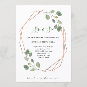 Convites Eucalyptus Greenery Rosa Dourado Geo   Sip and See