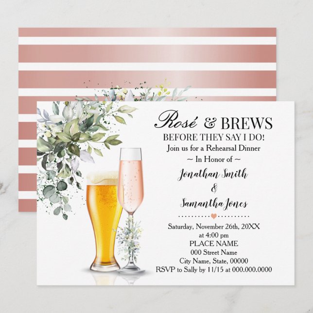 Convites Eucalyptus Greenery Rosa e Brews Janto de ensaio (Frente/Verso)